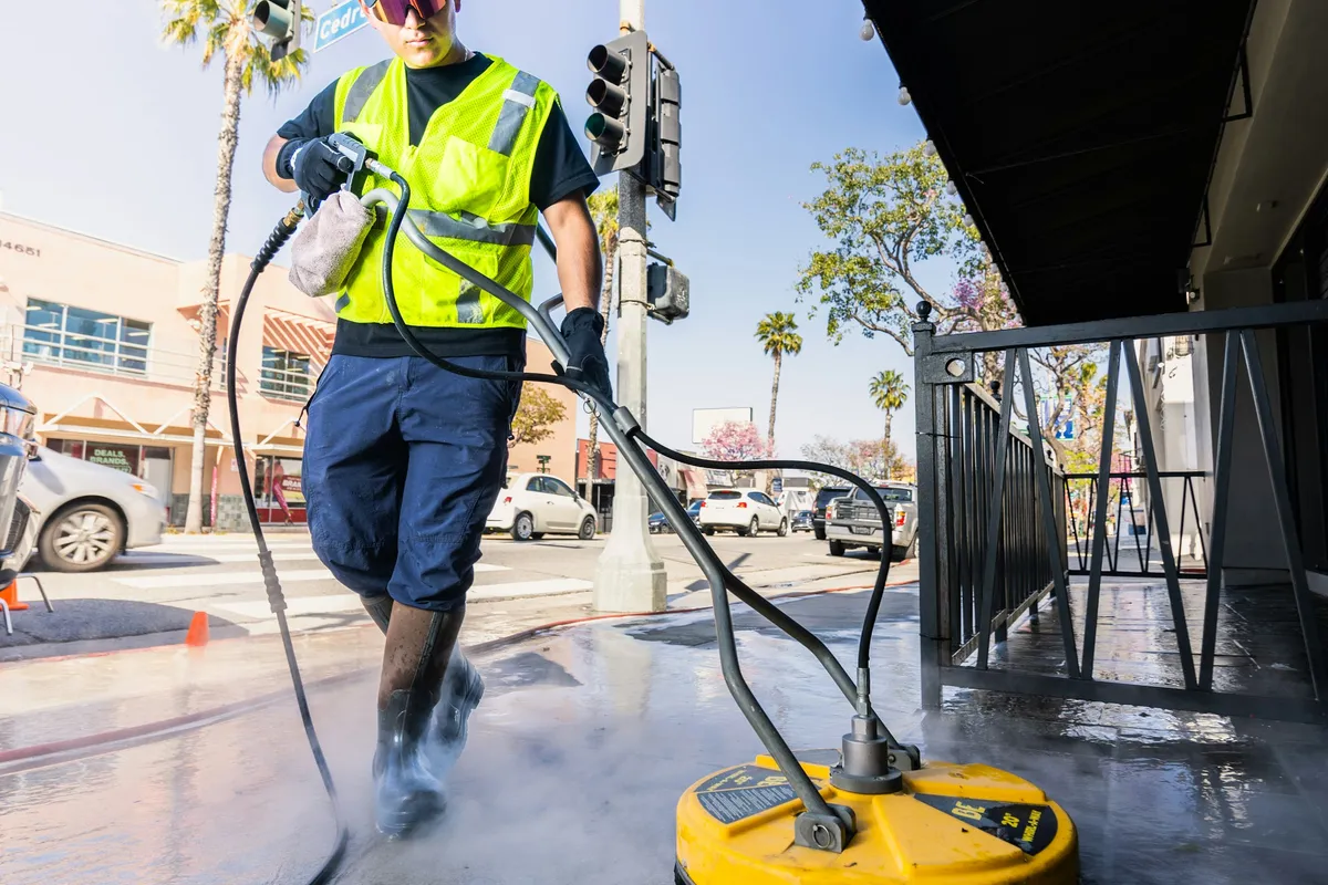 A pressure washer stripping grime off the exterior of a house